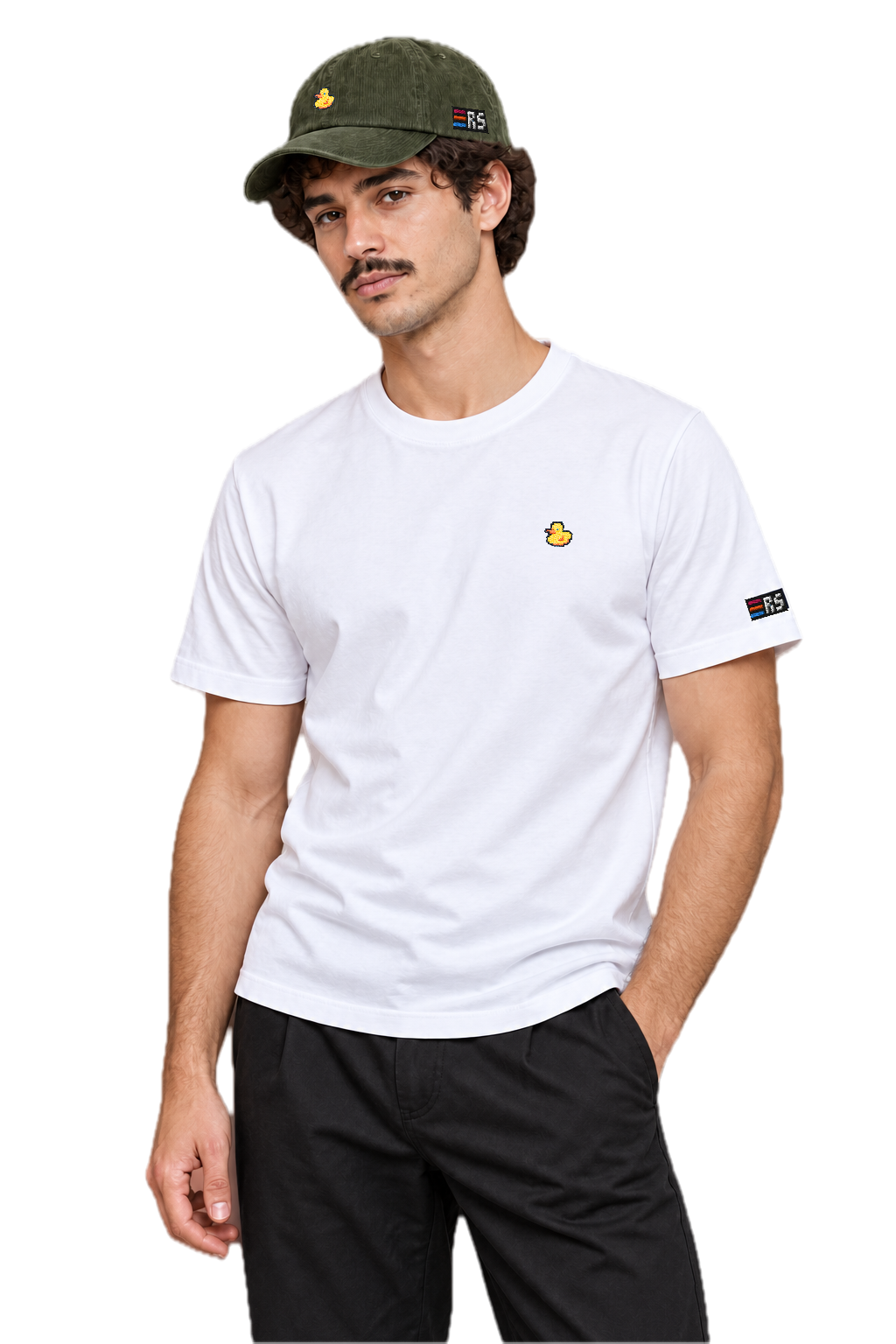 Pixel Ente – Bestickte Cord Cap · Grün · Model Mann