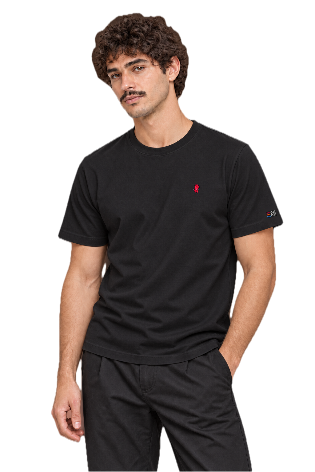 Pixel Dino Rot – Besticktes Bio T-Shirt · Schwarz · Model · Mann