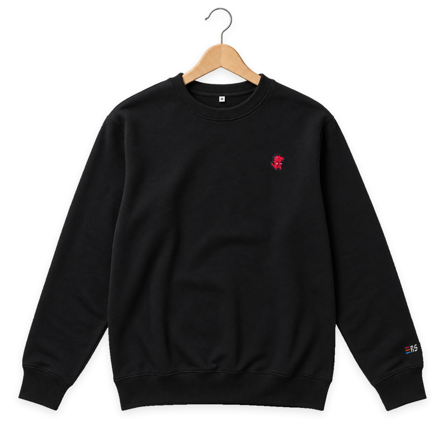 Pixel Dino Rot – Bestickter Bio Pullover · Schwarz · Bügel A