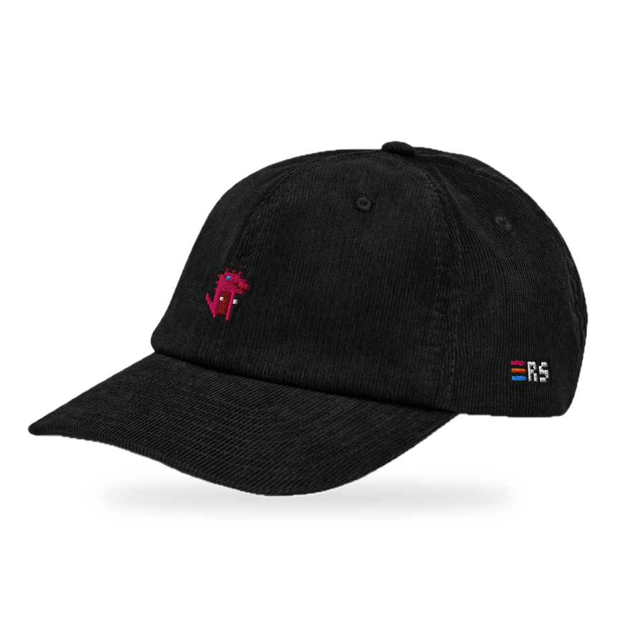 Pixel Dino Rot – Bestickte Cord Cap · Schwarz · three_quarter