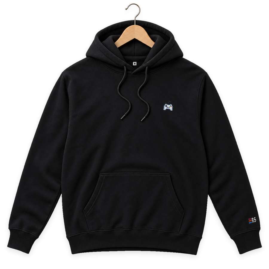 Pixel Gamepad – Bestickter Bio Hoodie · Schwarz · Bügel A