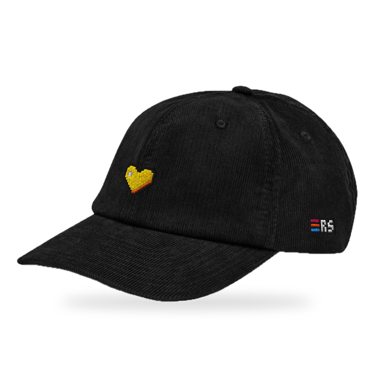 Pixel Herz Orange – Bestickte Cord Cap · Schwarz · three_quarter