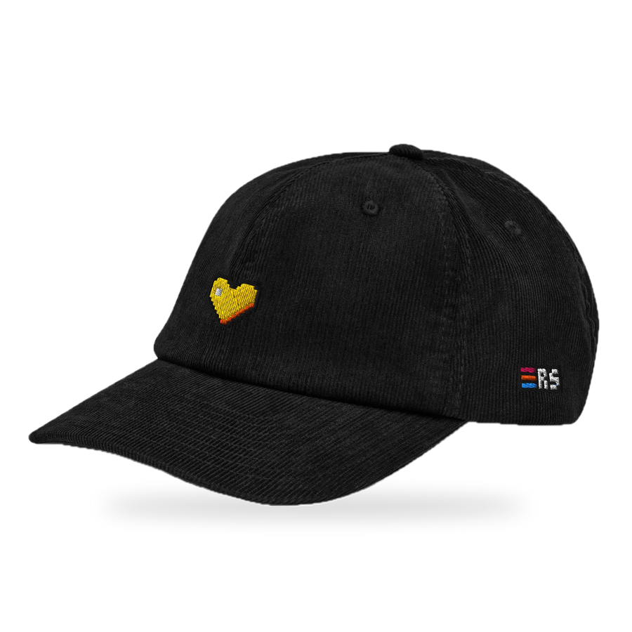 Pixel Herz Orange – Bestickte Cord Cap · Schwarz · three_quarter