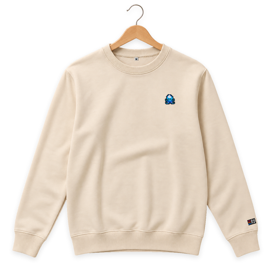 Pixel Krake – Bestickter Bio Pullover · Beige · Bügel A