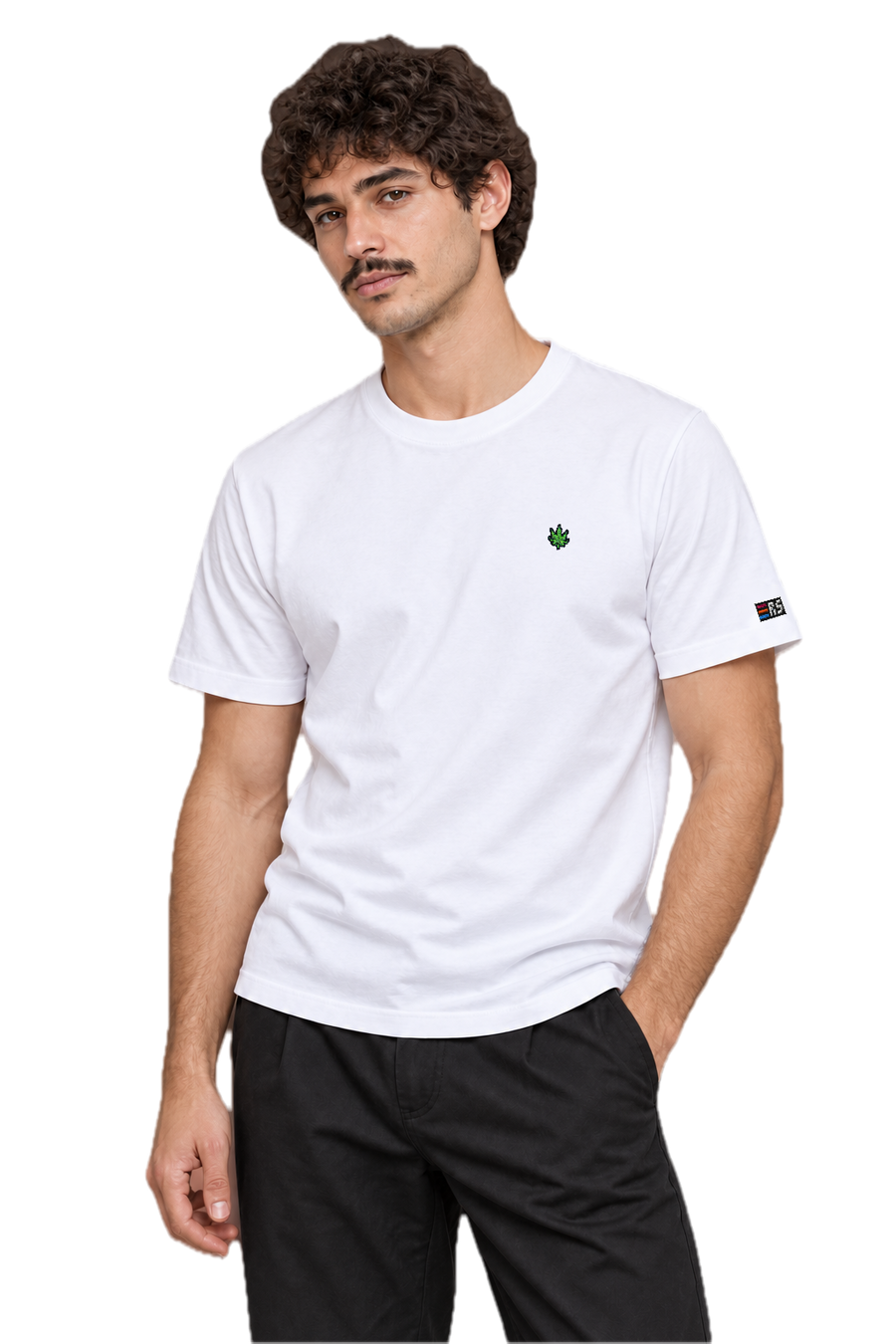 Pixel Cannabis – Besticktes Bio T-Shirt · Weiß · Model · Mann