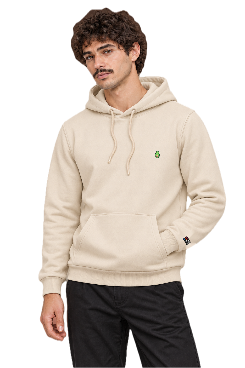 Pixel Avocado – Bestickter Bio Hoodie · Beige · Model · Mann
