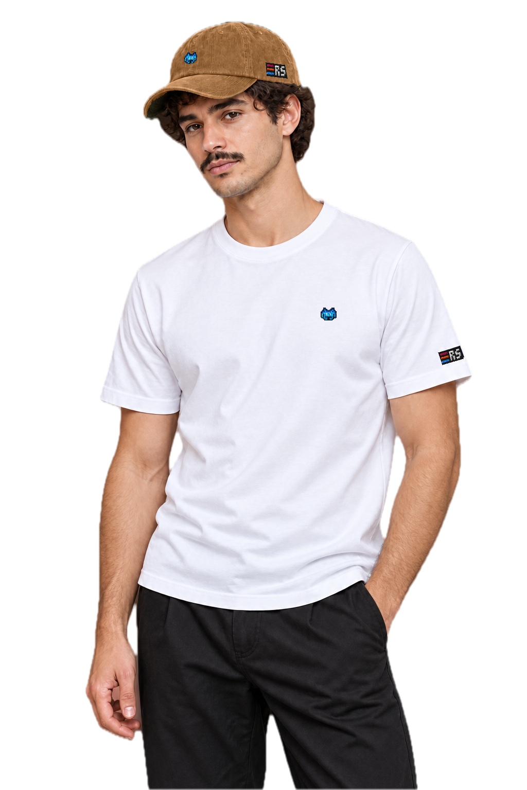 Pixel Alien Blau – Bestickte Cord Cap · Braun · Model Mann