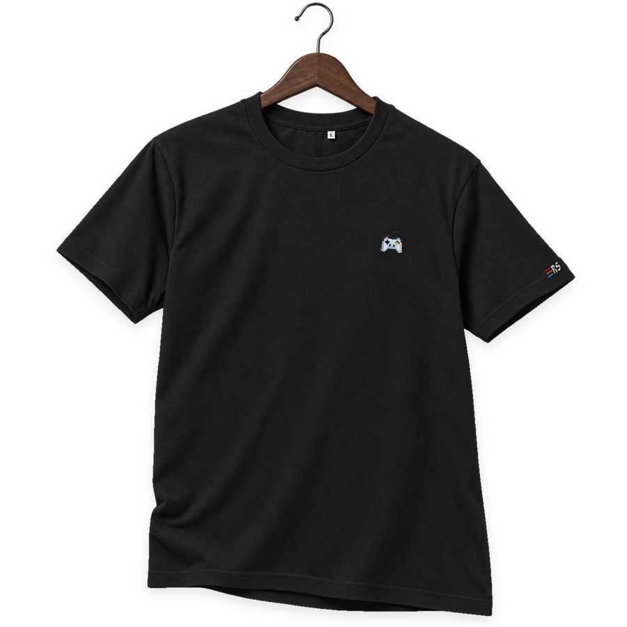 Pixel Gamepad – Besticktes Bio T-Shirt · Schwarz · Bügel B
