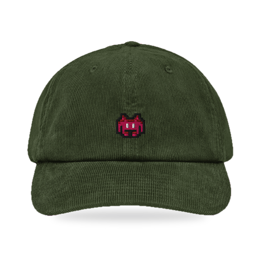 Pixel Alien Rot – Bestickte Cord Cap · Grün · front