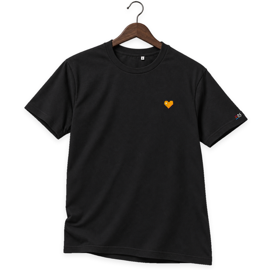 Pixel Herz Orange – Besticktes Bio T-Shirt · Schwarz · Bügel B