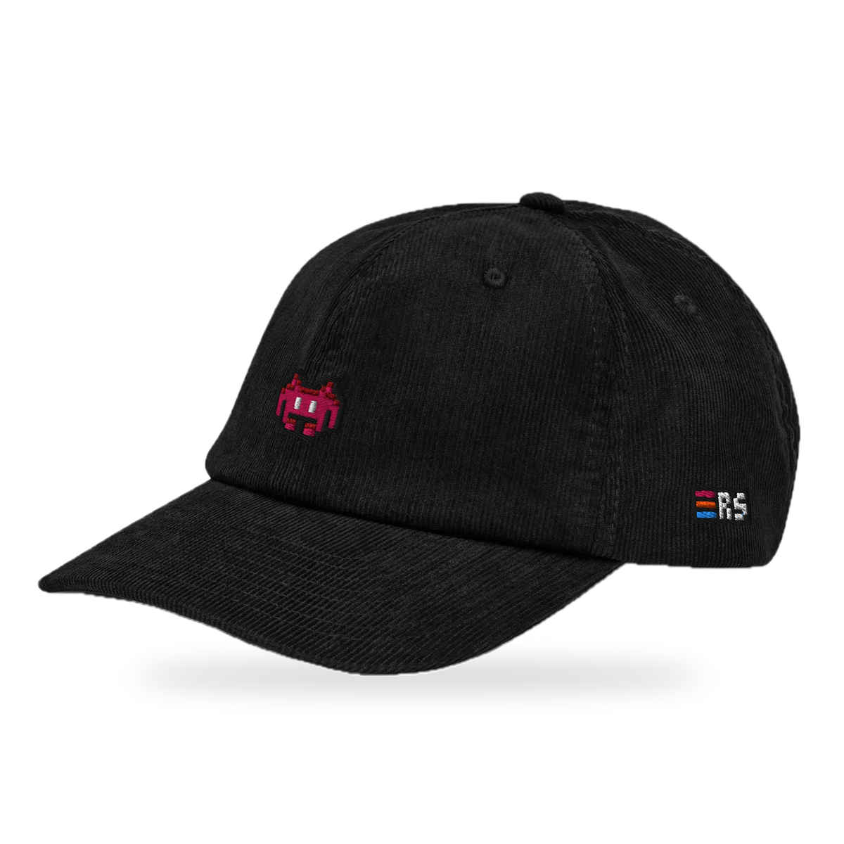Pixel Alien Rot – Bestickte Cord Cap · Schwarz · three_quarter