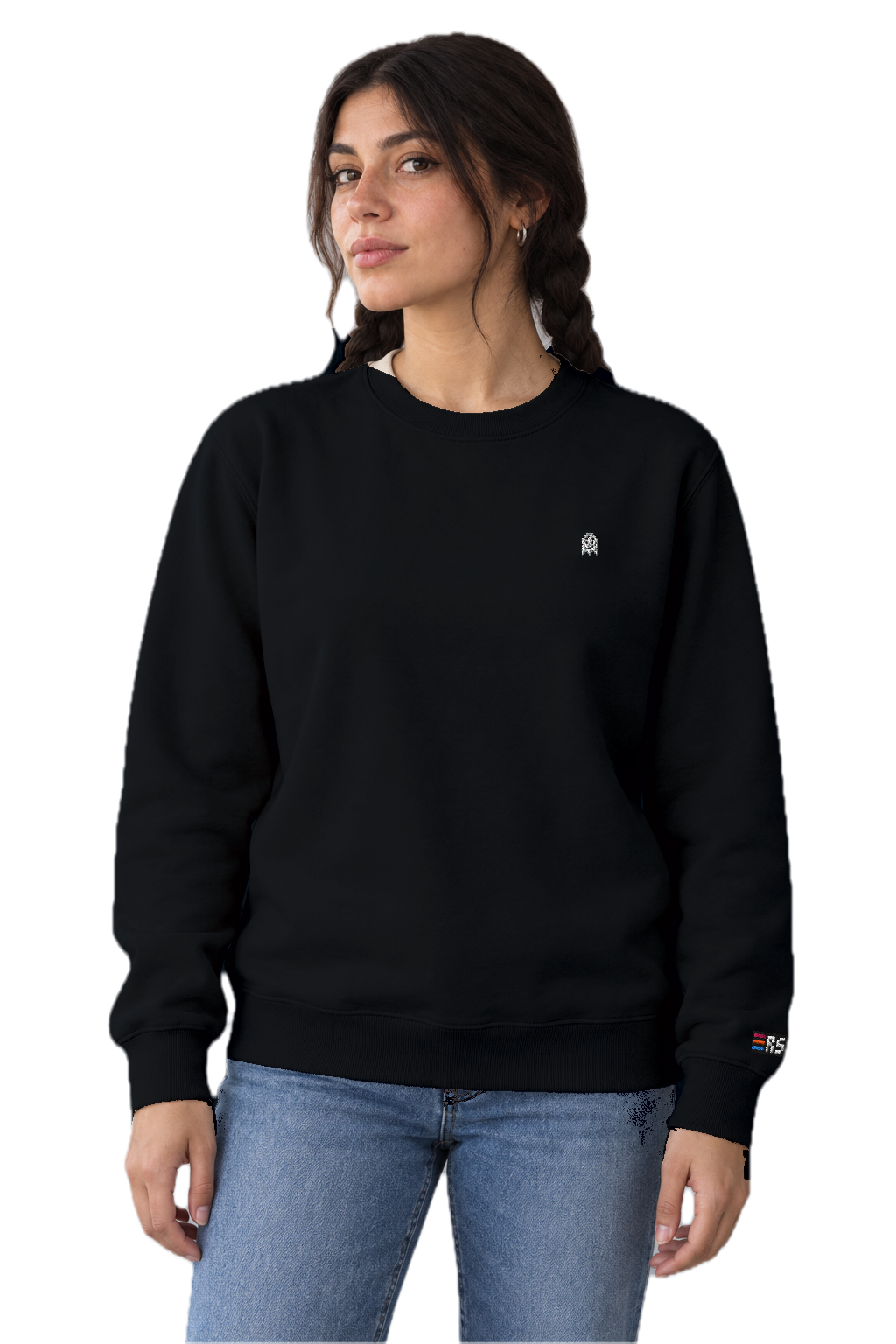 Pixel Geist – Bestickter Bio Pullover · Schwarz · Model · Frau