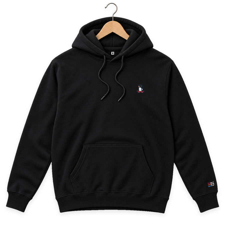 Pixel Pinguin Mit Skateboard – Bestickter Bio Hoodie · Schwarz · Bügel A
