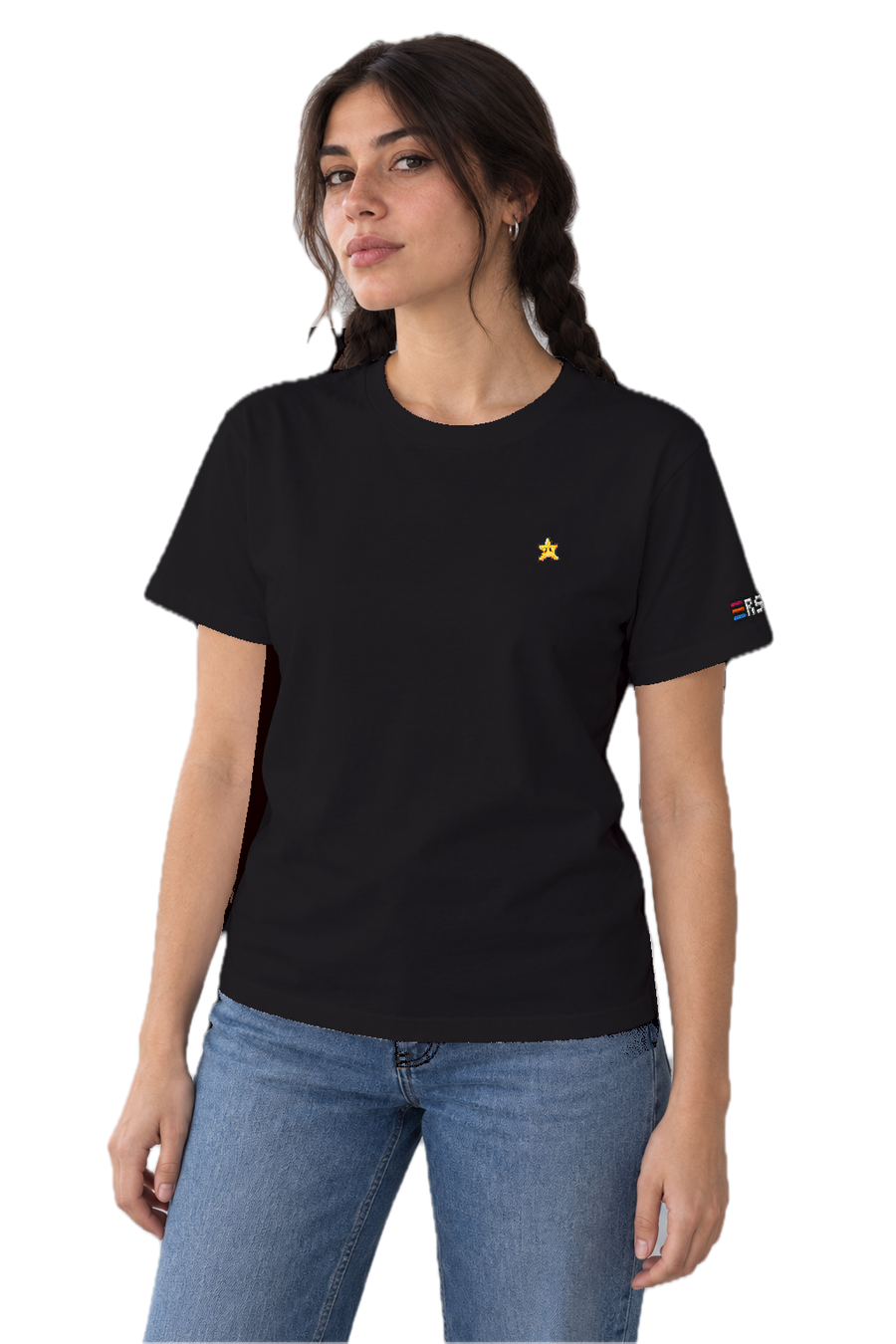 Pixel Stern – Besticktes Bio T-Shirt · Schwarz · Model · Frau