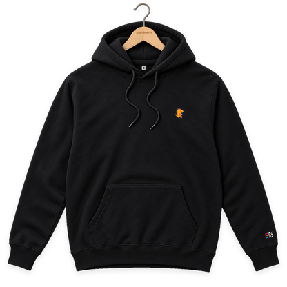 Pixel Dino Orange – Bestickter Bio Hoodie · Schwarz · Bügel A · Bügel V5