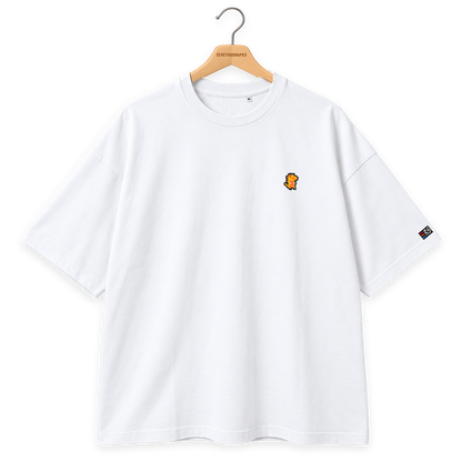 Pixel Dino Orange – Besticktes Bio Oversized T-Shirt · Weiß · Bügel A · Bügel V5