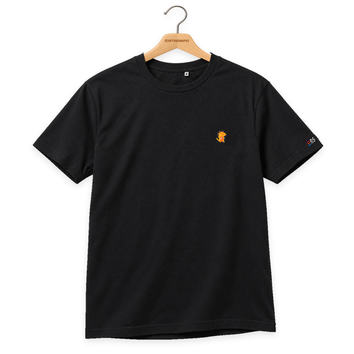 Pixel Dino Orange – Besticktes Bio T-Shirt · Schwarz · Bügel A · Bügel V5