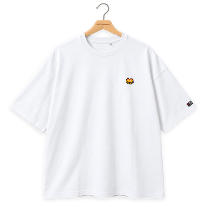 Pixel Alien Orange – Besticktes Bio Oversized T-Shirt · Weiß · Bügel A · Bügel V5