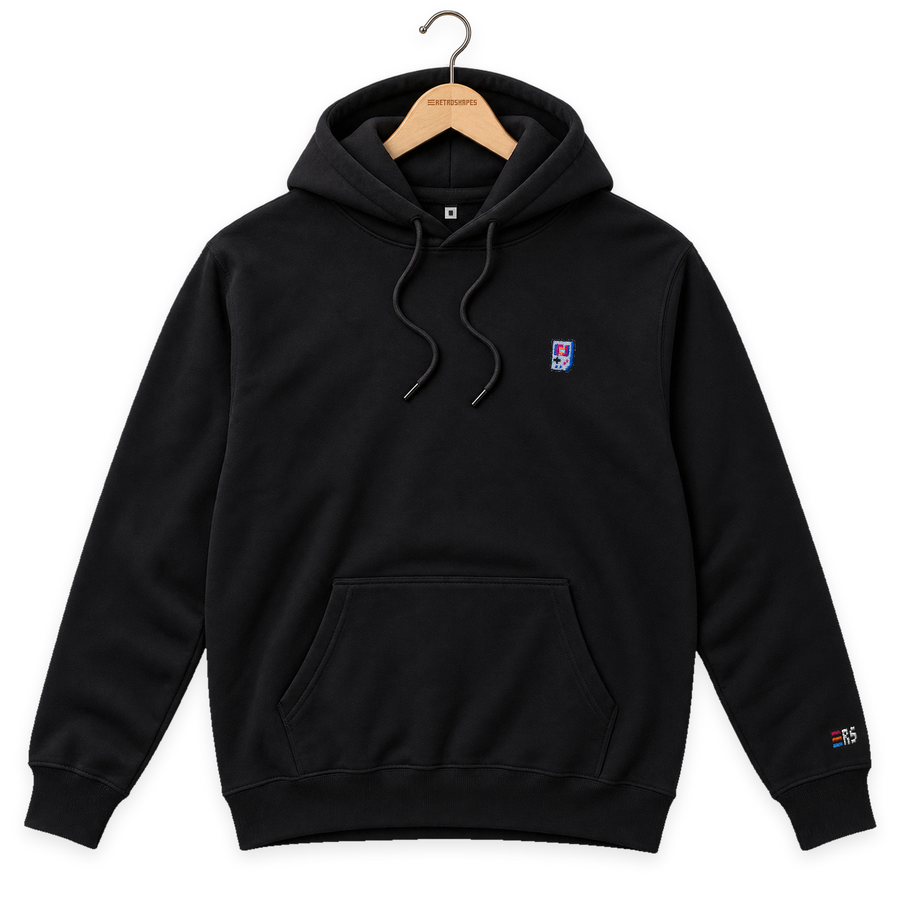Pixel Handheld – Bestickter Bio Hoodie · Schwarz · Bügel A · Bügel V5
