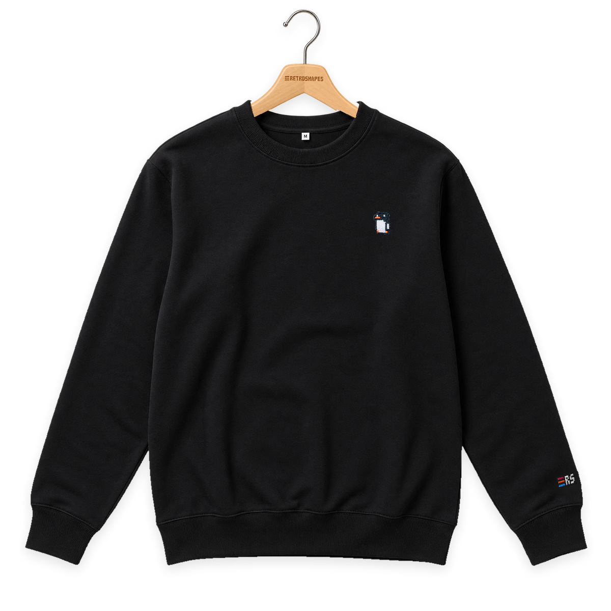 Pixel Pinguin – Bestickter Bio Pullover · Schwarz · Bügel A · Bügel V5