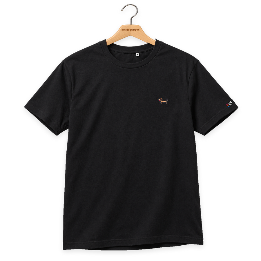 Pixel Dackel Gustl – Besticktes Bio T-Shirt · Schwarz · Bügel A · Bügel V5