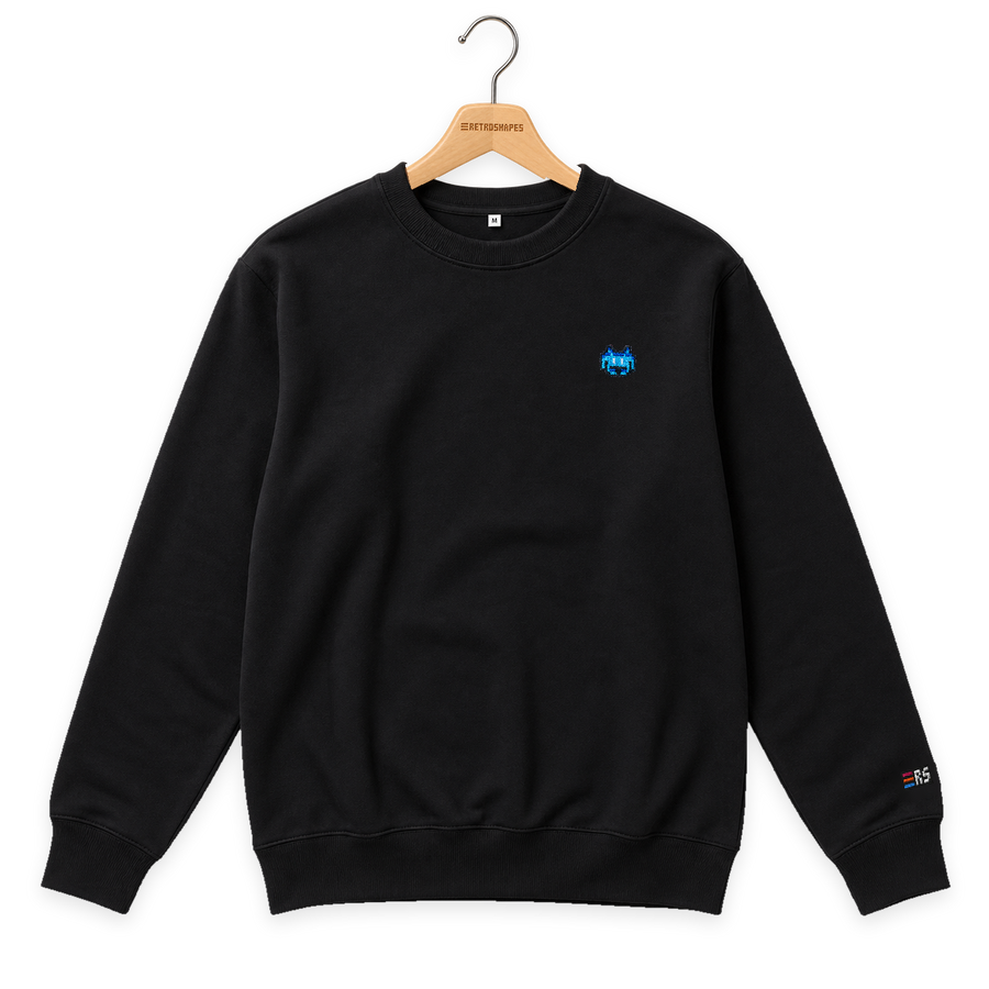Pixel Alien Blau – Bestickter Bio Pullover · Schwarz · Bügel A · Bügel V5