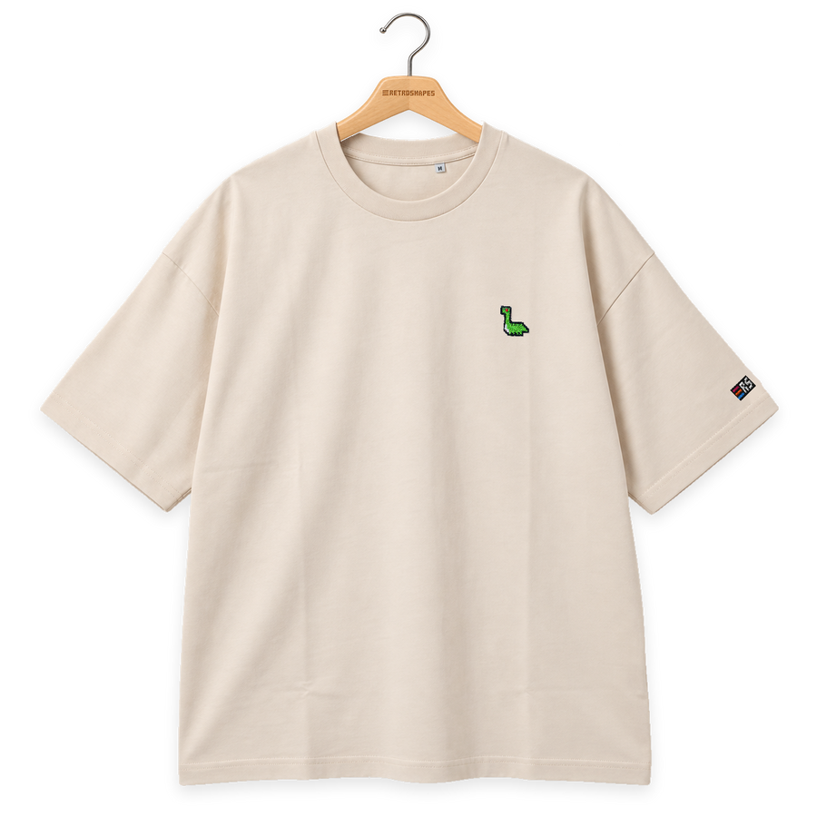Pixel Dino – Besticktes Bio Oversized T-Shirt · Beige · Bügel A · Bügel V5
