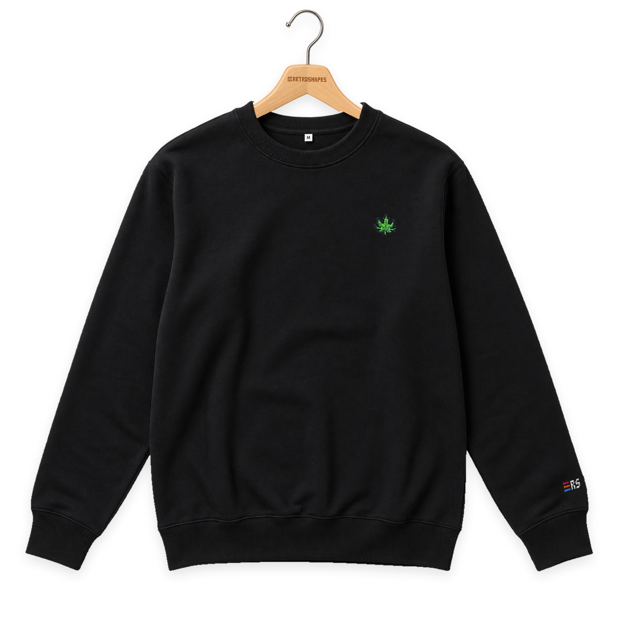 Pixel Cannabis – Bestickter Bio Pullover · Schwarz · Bügel A · Bügel V5