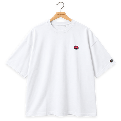 Pixel Alien Rot – Besticktes Bio Oversized T-Shirt · Weiß · Bügel A · Bügel V5