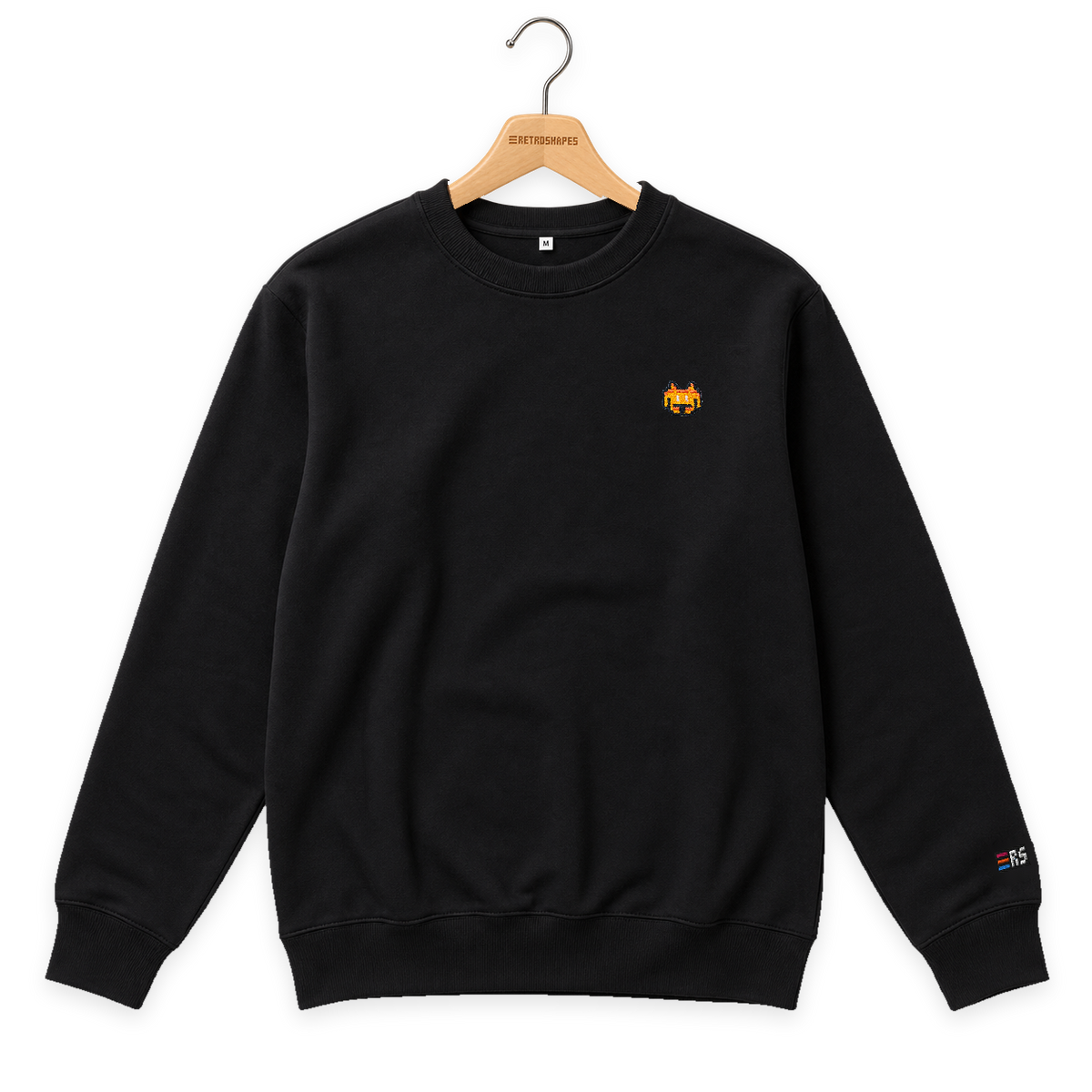 Pixel Alien Orange – Bestickter Bio Pullover · Schwarz · Bügel A · Bügel V5