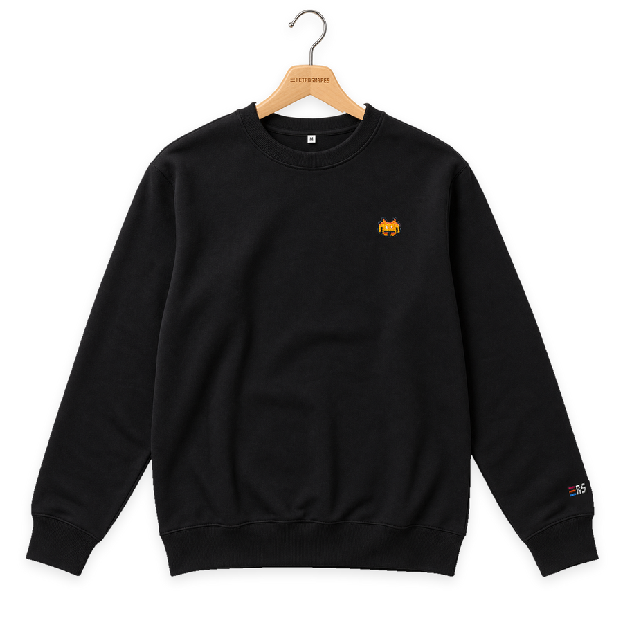 Pixel Alien Orange – Bestickter Bio Pullover · Schwarz · Bügel A · Bügel V5