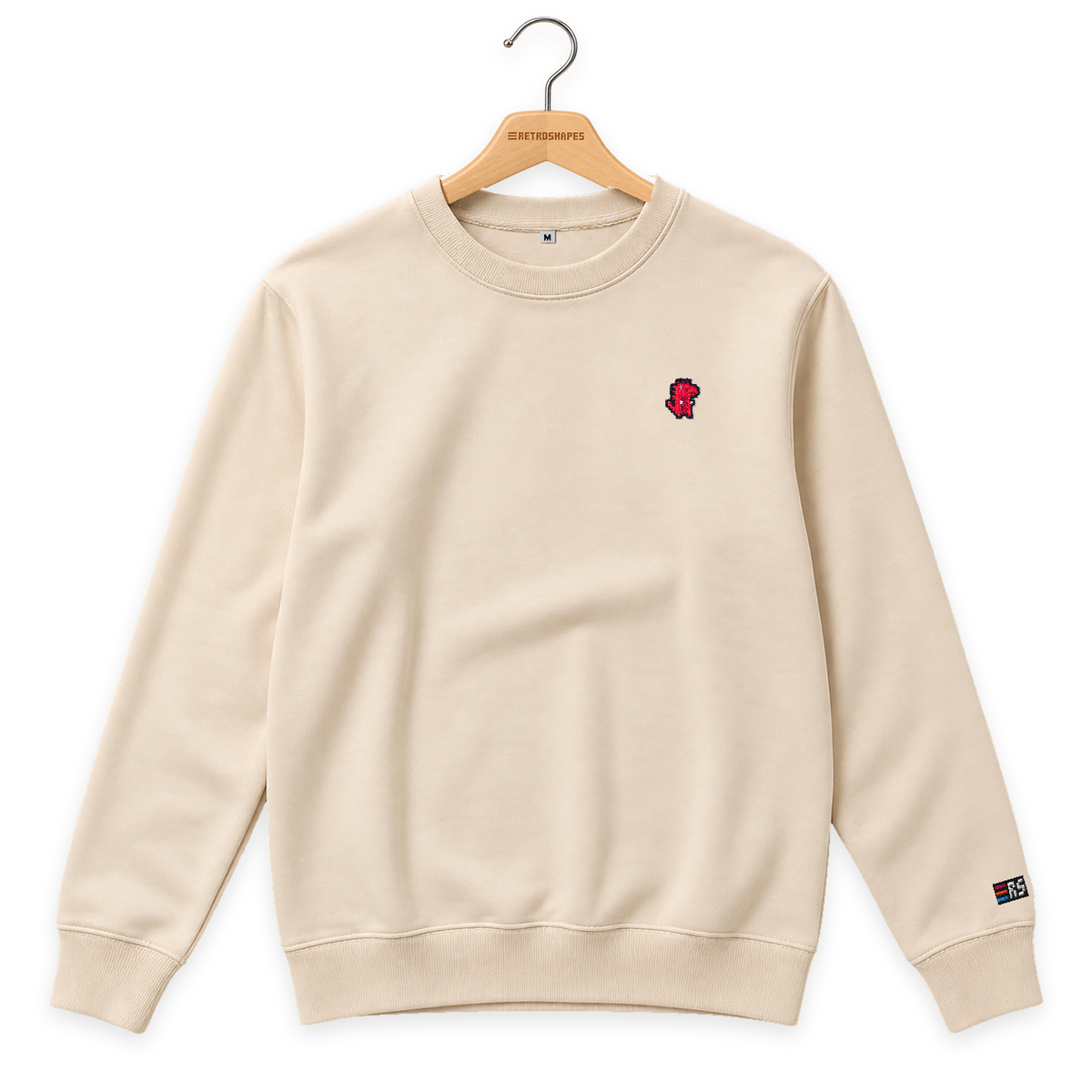 Pixel Dino Rot – Bestickter Bio Pullover · Beige · Bügel A · Bügel V5