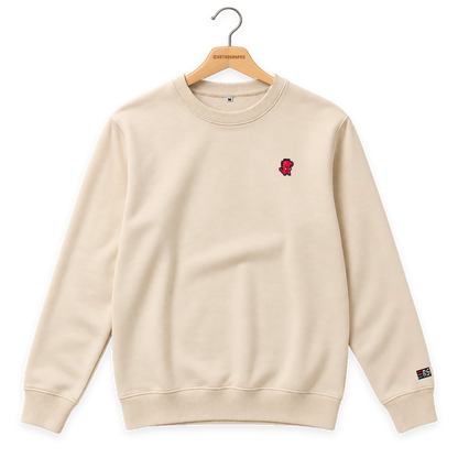 Pixel Dino Rot – Bestickter Bio Pullover · Beige · Bügel A · Bügel V5