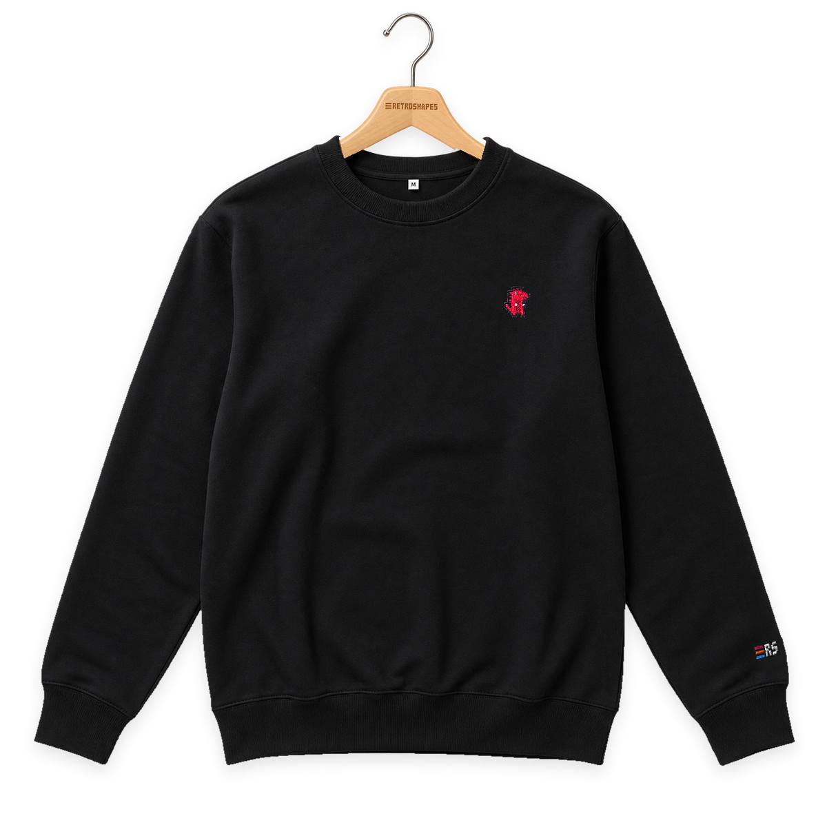 Pixel Dino Rot – Bestickter Bio Pullover · Schwarz · Bügel A · Bügel V5
