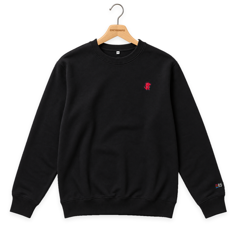 Pixel Dino Rot – Bestickter Bio Pullover · Schwarz · Bügel A · Bügel V5