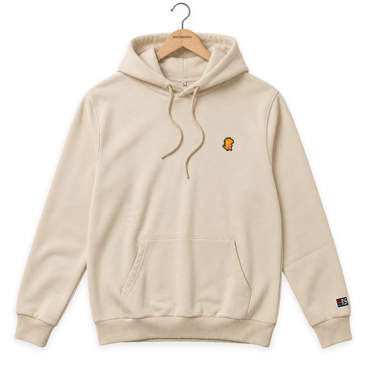 Pixel Dino Orange – Bestickter Bio Hoodie · Beige · Bügel A · Bügel V5