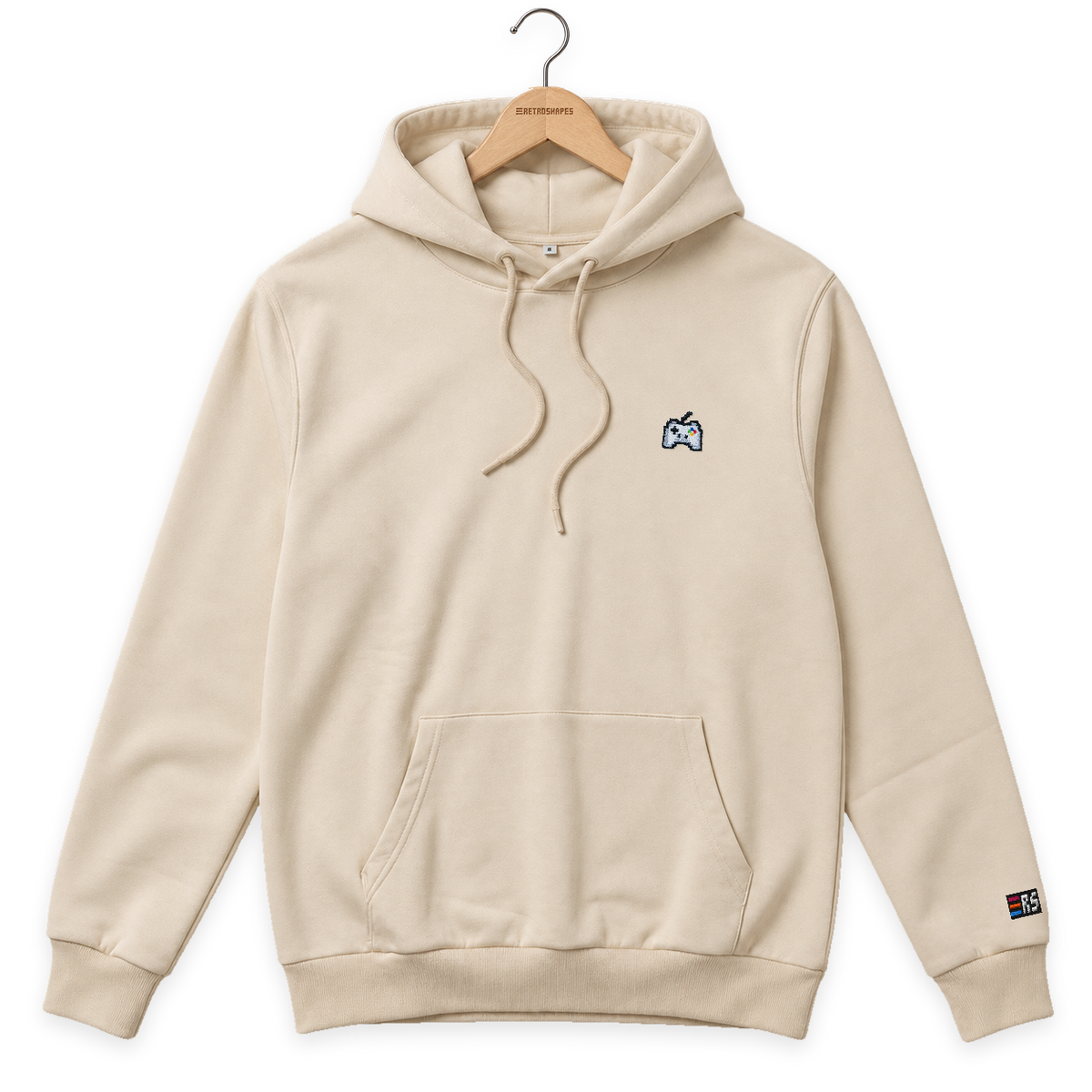 Pixel Gamepad – Bestickter Bio Hoodie · Beige · Bügel A · Bügel V5