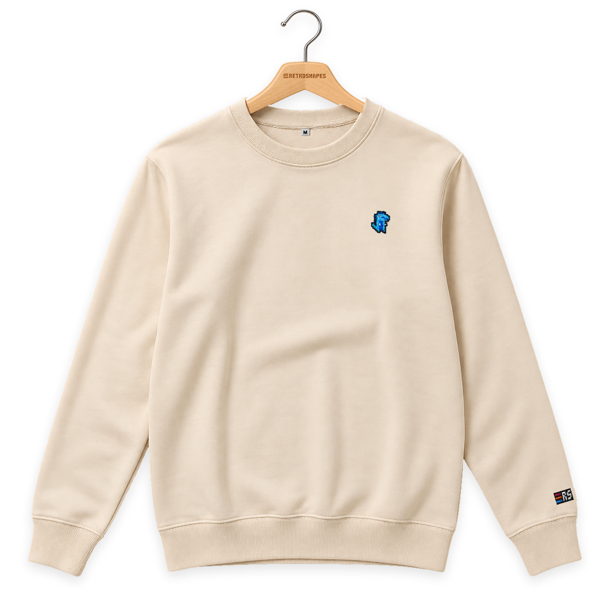 Pixel Dino Blau – Bestickter Bio Pullover · Beige · Bügel A · Bügel V5