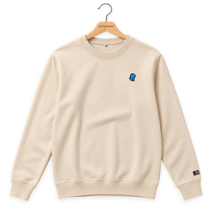Pixel Dino Blau – Bestickter Bio Pullover · Beige · Bügel A · Bügel V5