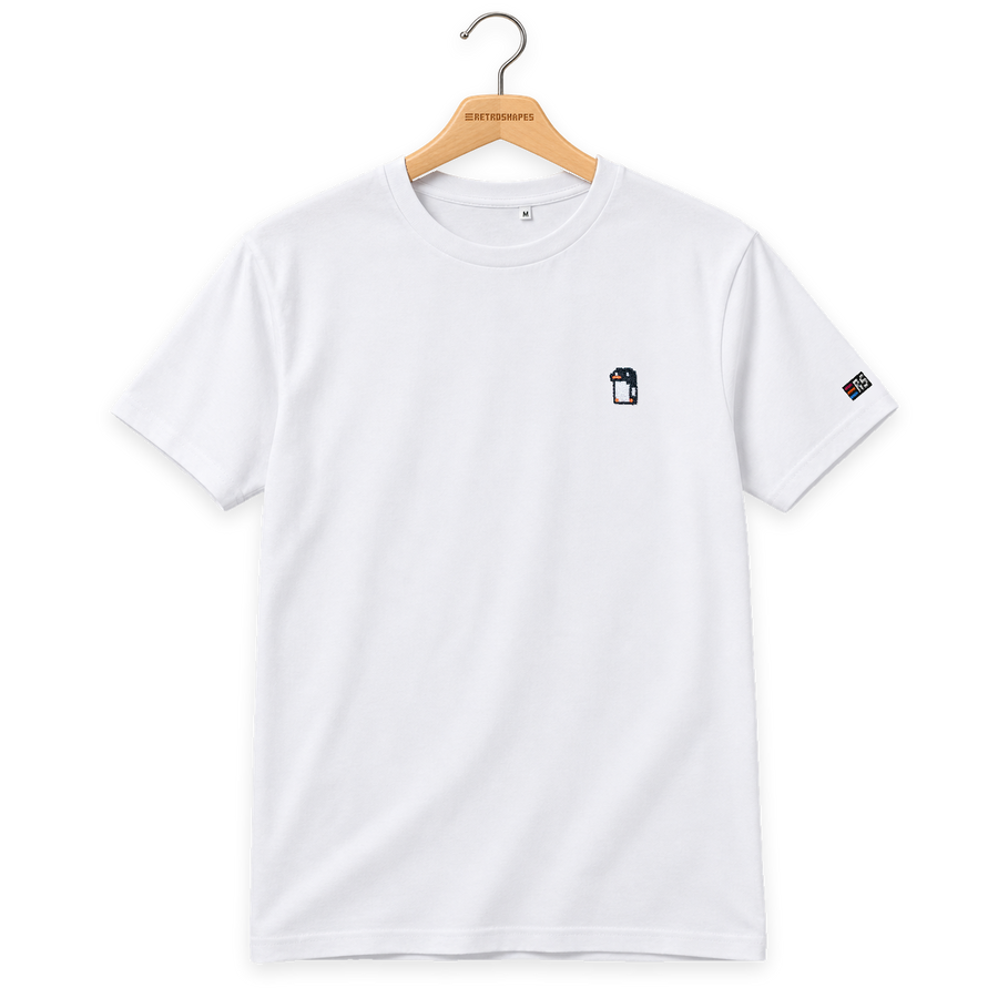 Pixel Pinguin – Besticktes Bio T-Shirt · Weiß · Bügel A · Bügel V5