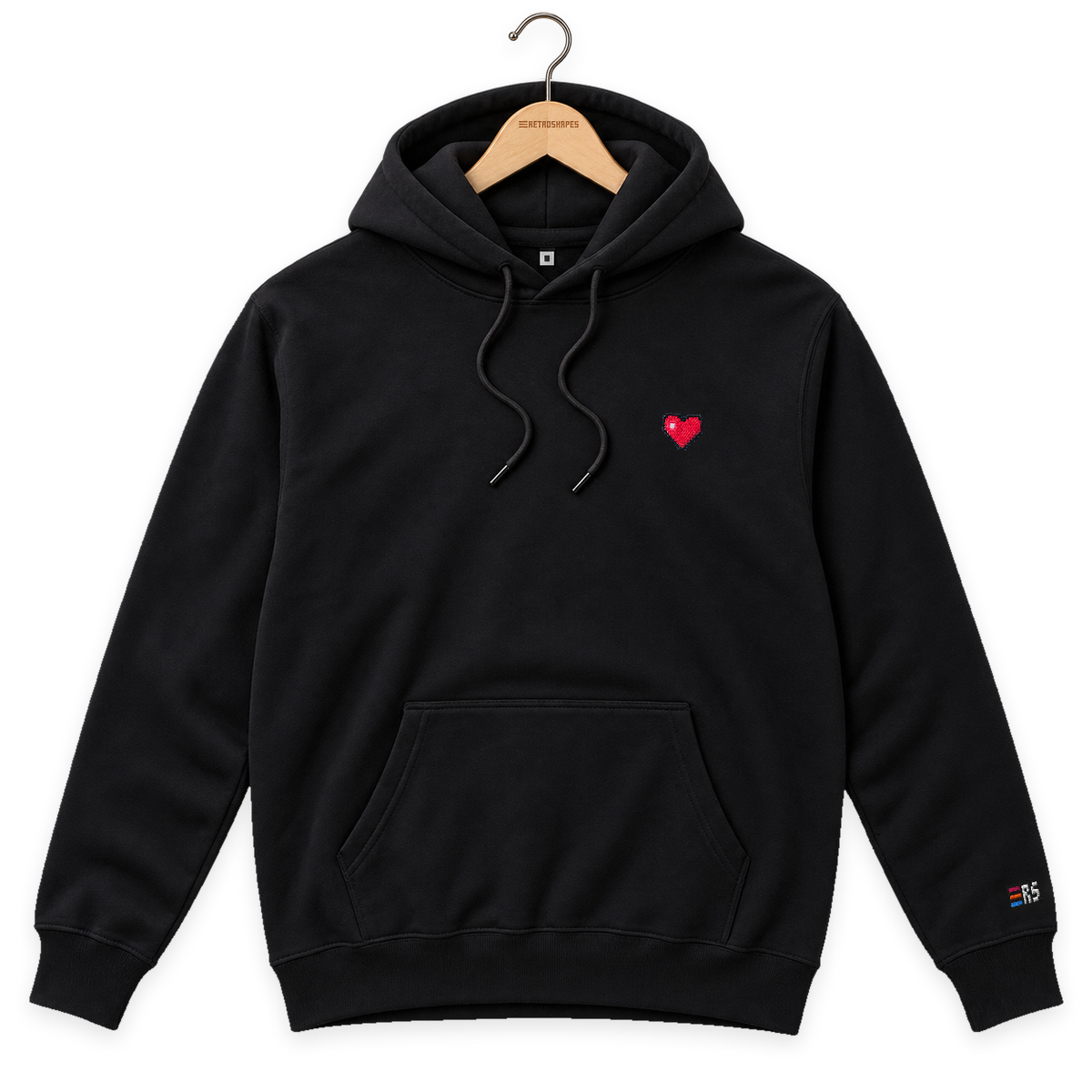 Pixel Herz – Bestickter Bio Hoodie · Schwarz · Bügel A · Bügel V5