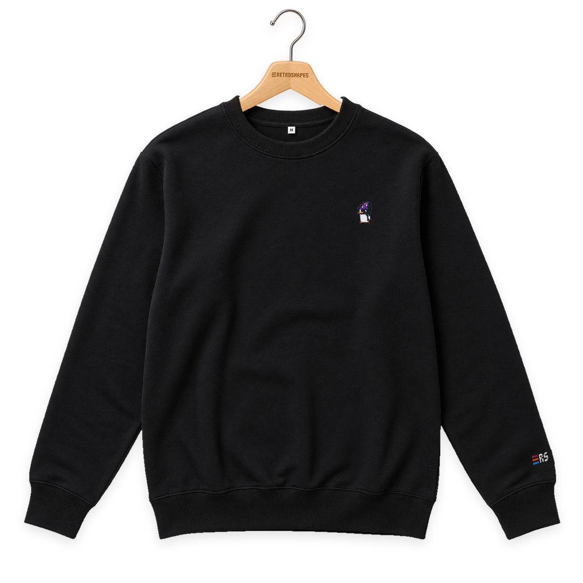 Pixel Pinguin Mit Zauberhut – Bestickter Bio Pullover · Schwarz · Bügel A · Bügel V5