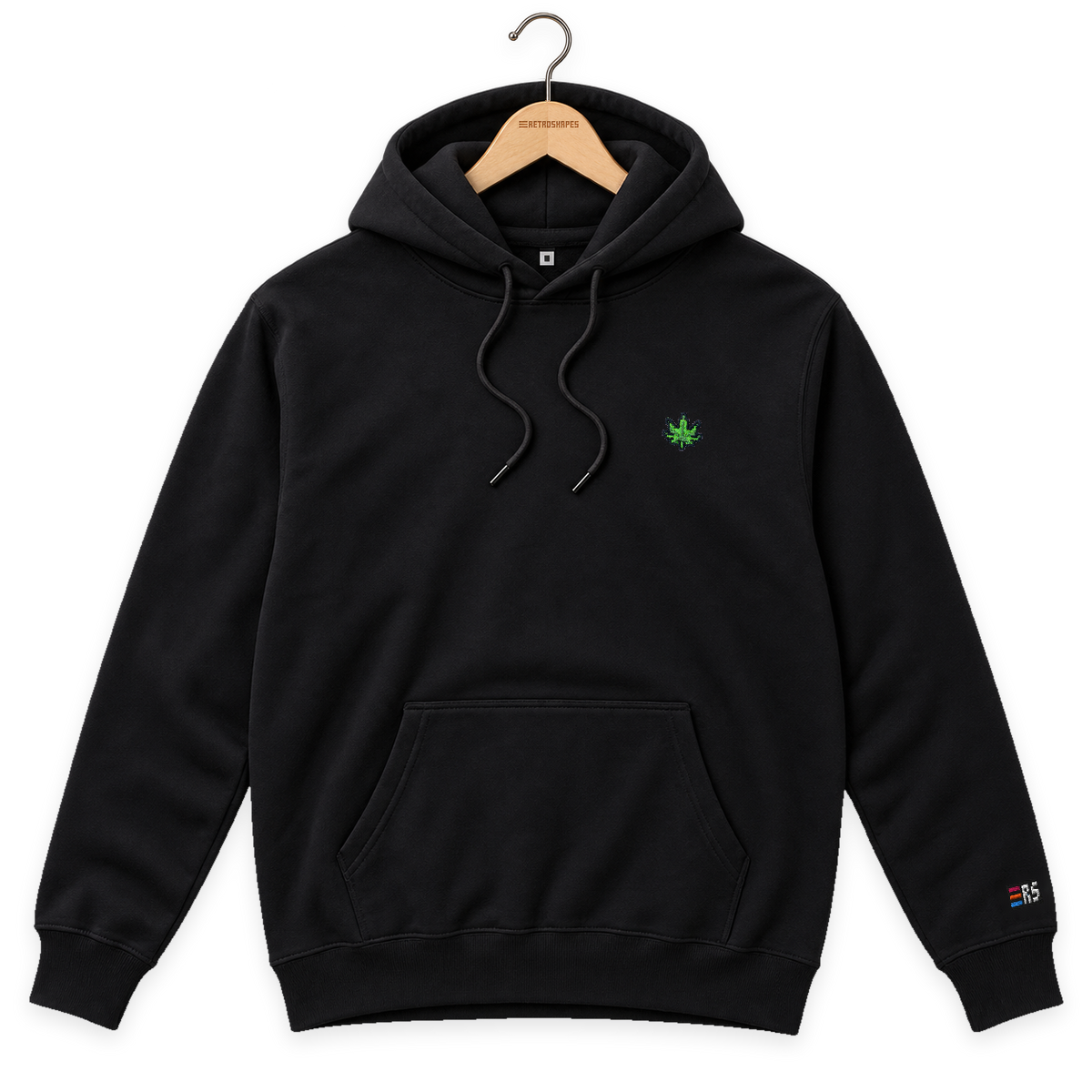 Pixel Cannabis – Bestickter Bio Hoodie · Schwarz · Bügel A · Bügel V5