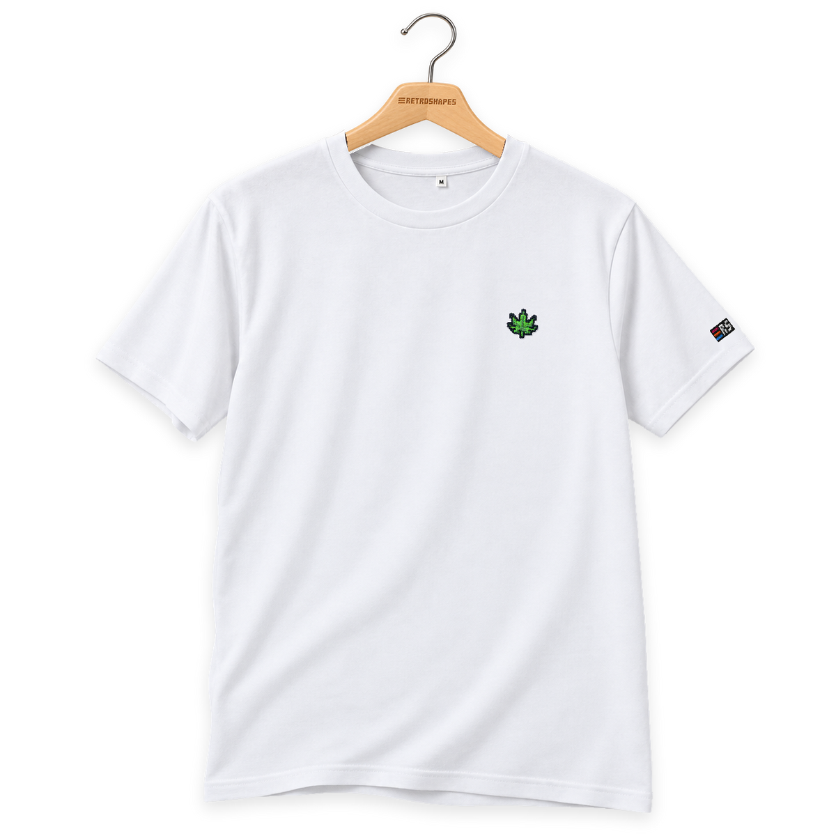 Pixel Cannabis – Besticktes Bio T-Shirt · Weiß · Bügel B · Bügel V5