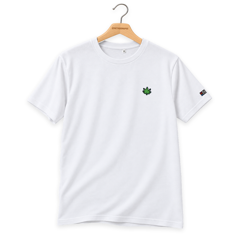 Pixel Cannabis – Besticktes Bio T-Shirt · Weiß · Bügel B · Bügel V5