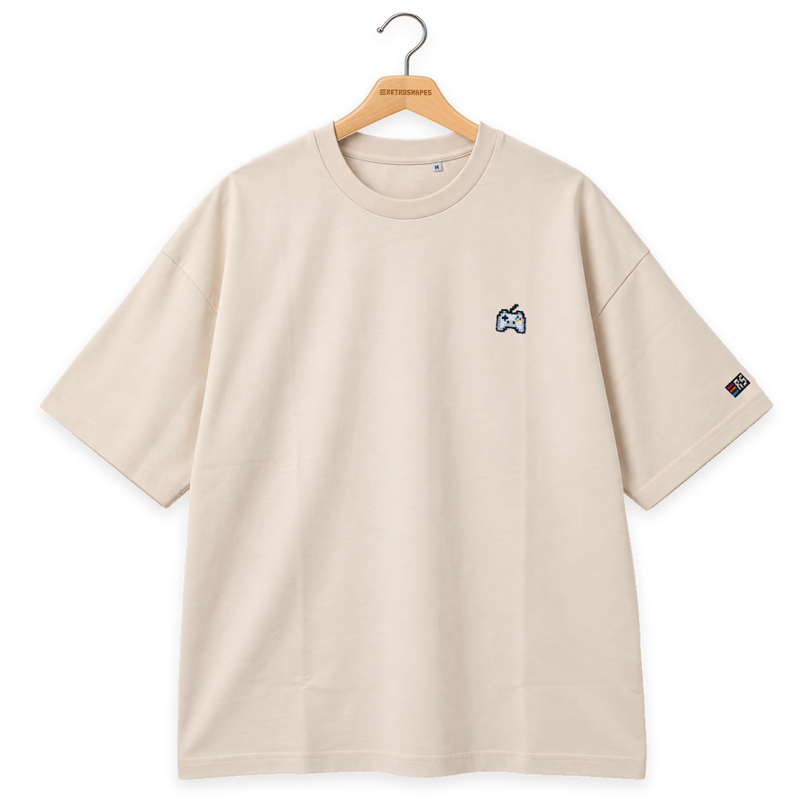 Pixel Gamepad – Besticktes Bio Oversized T-Shirt · Beige · Bügel A · Bügel V5