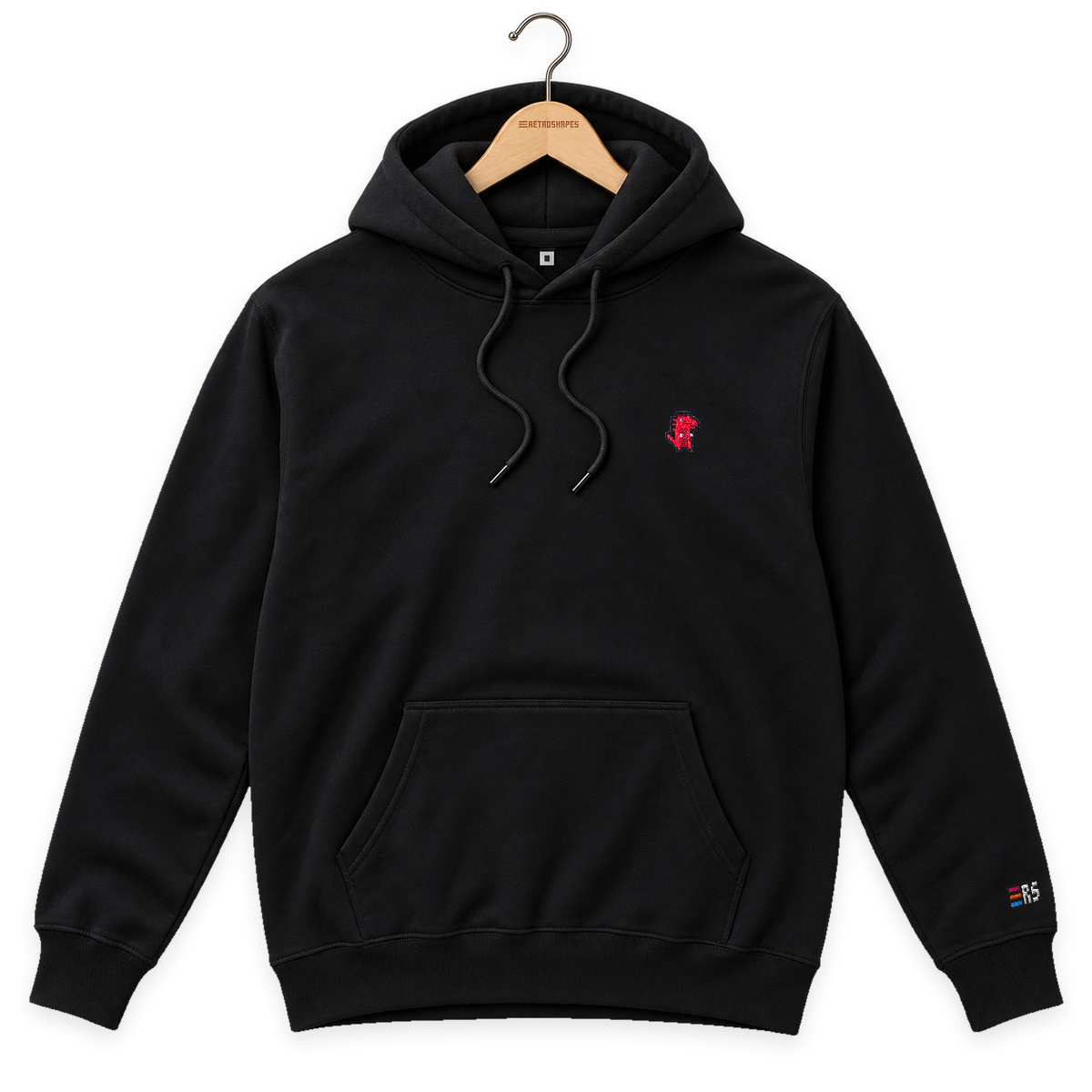 Pixel Dino Rot – Bestickter Bio Hoodie · Schwarz · Bügel A · Bügel V5