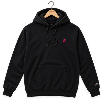 Pixel Dino Rot – Bestickter Bio Hoodie · Schwarz · Bügel A · Bügel V5