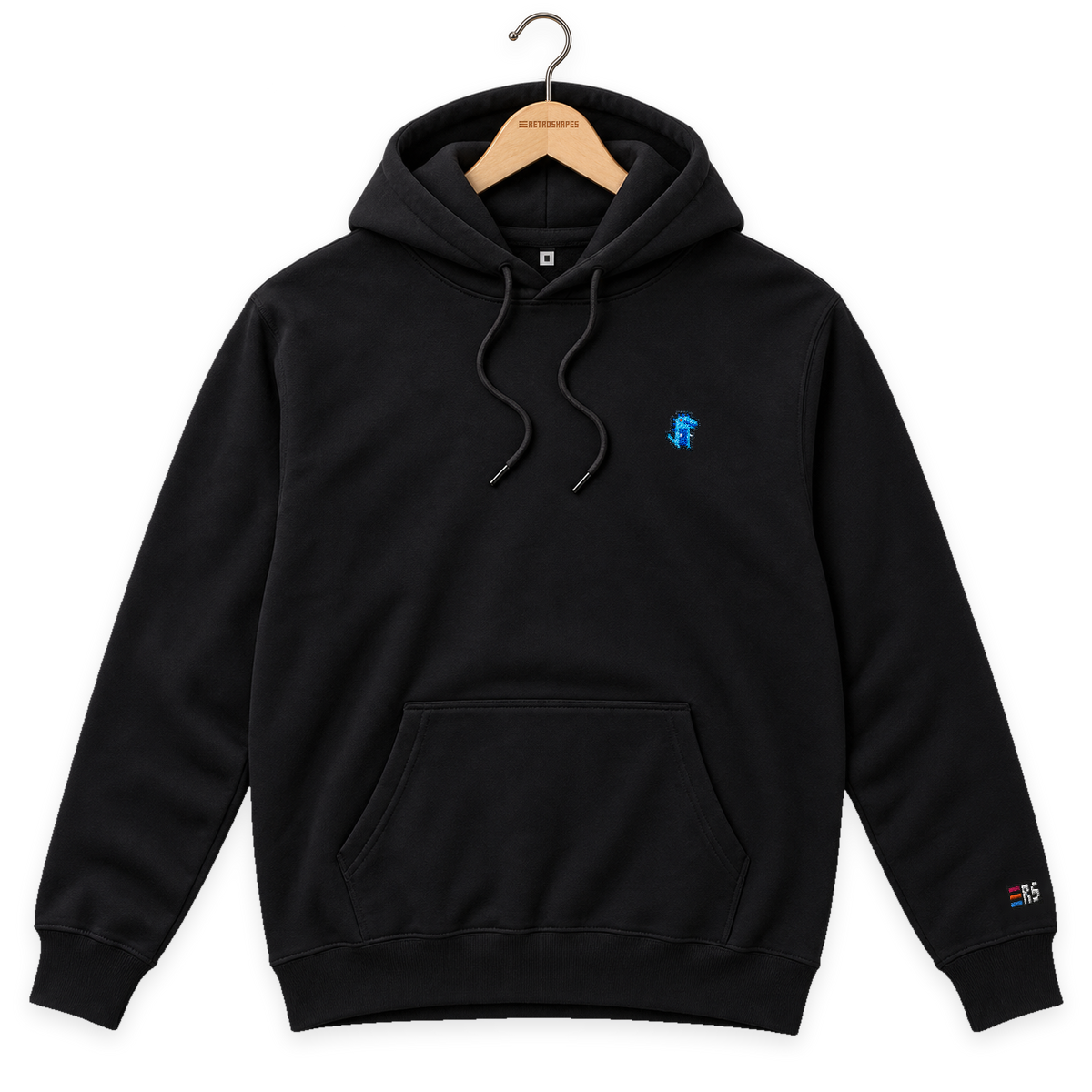 Pixel Dino Blau – Bestickter Bio Hoodie · Schwarz · Bügel A · Bügel V5