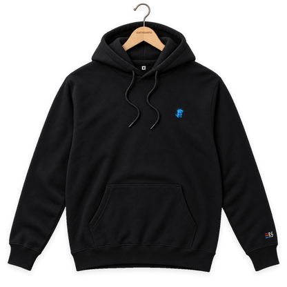 Pixel Dino Blau – Bestickter Bio Hoodie · Schwarz · Bügel A · Bügel V5